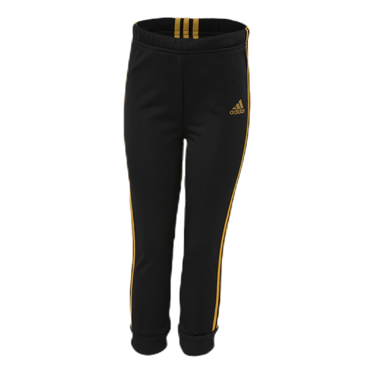 Black adidas pants with gold stripes sale