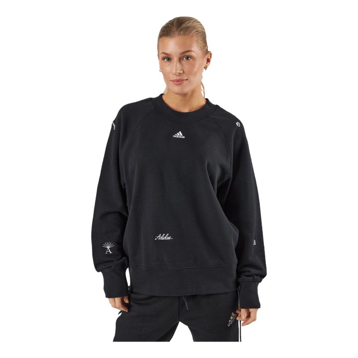 Oversized Crewneck Sweatshirt with Healing Crystal-Inspired Graphics Black